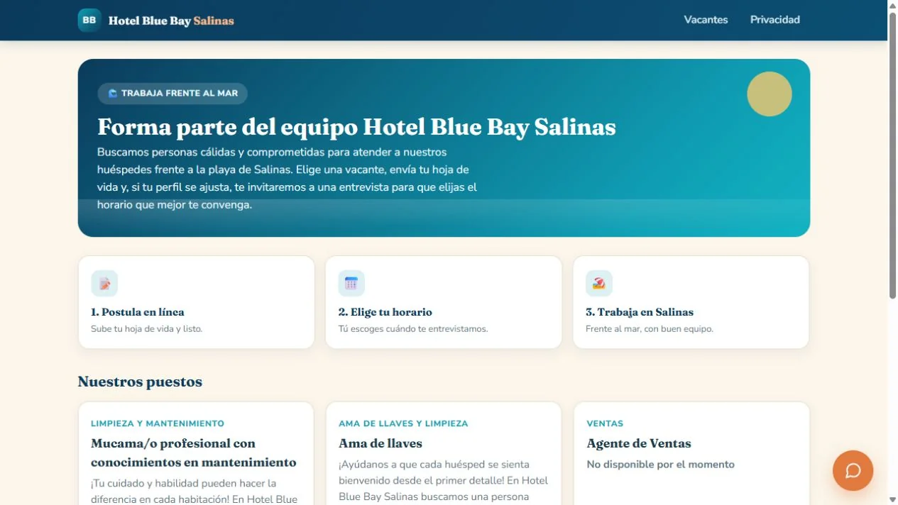 Vista del portal público de empleos de Hotel Blue Bay