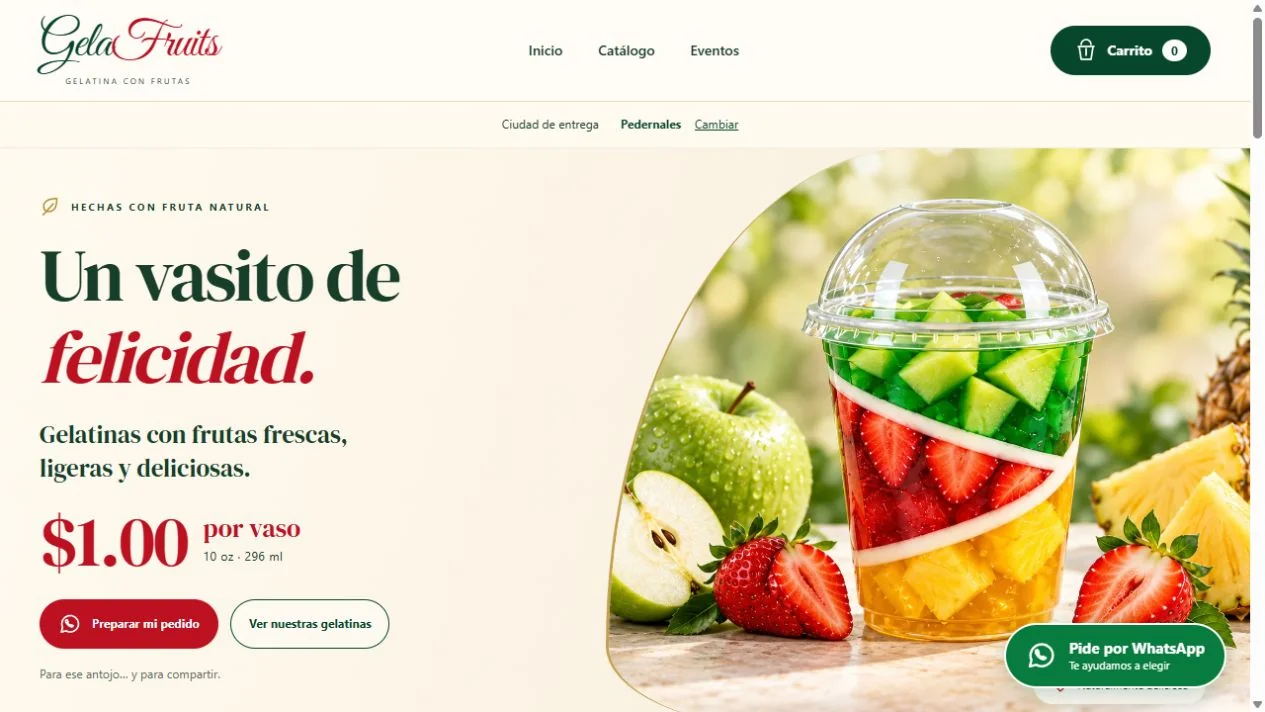Vista de la página pública de GelaFruits, con su catálogo de postres