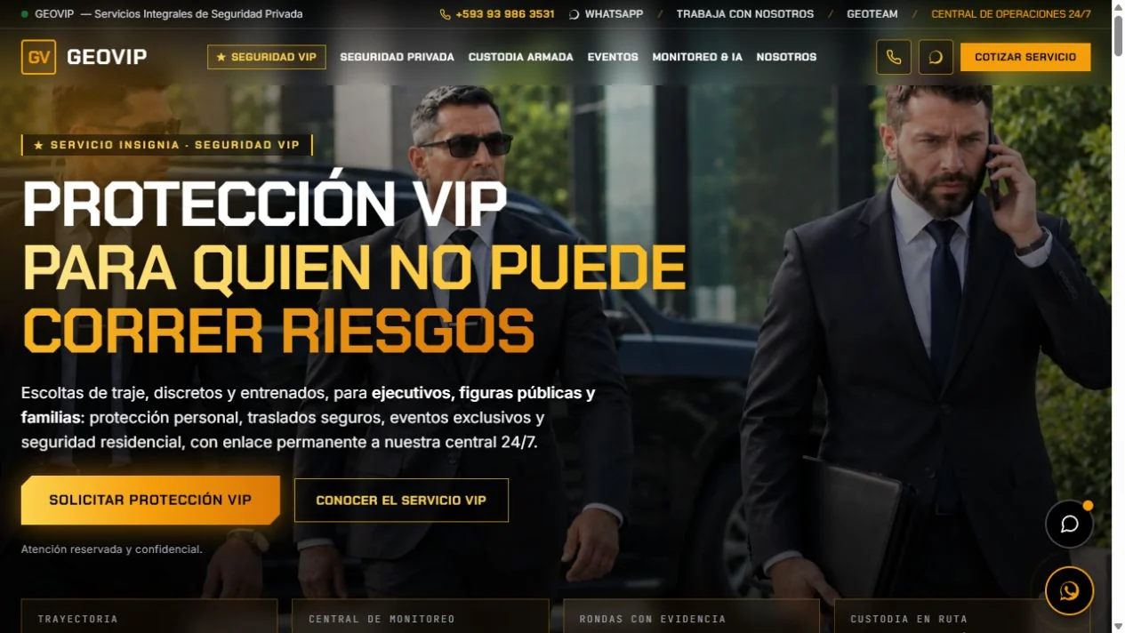Vista del sitio institucional público de GeoVip Security